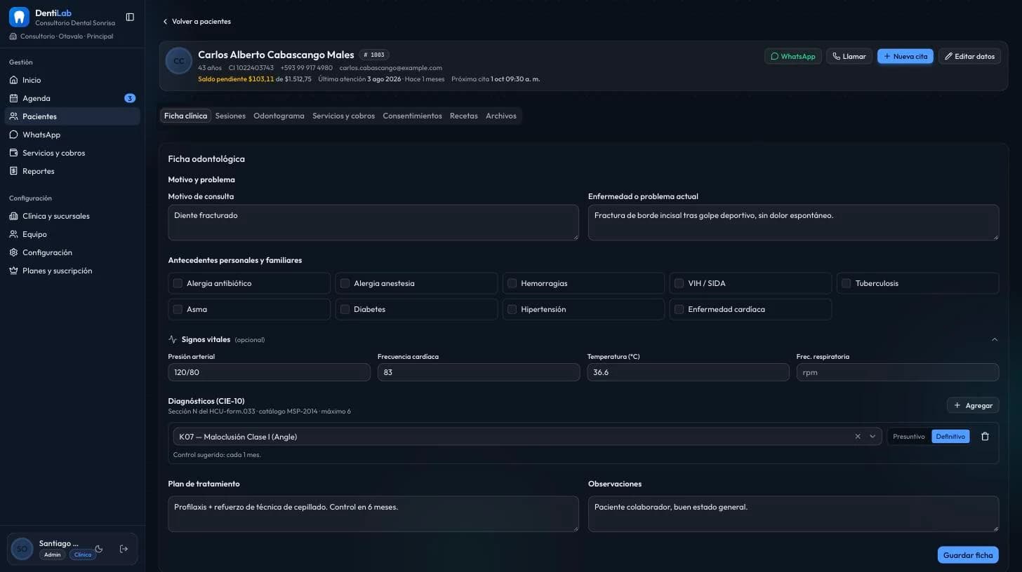 Ficha clínica HCU-033 en DentiLab con motivo de consulta y enfermedad actual